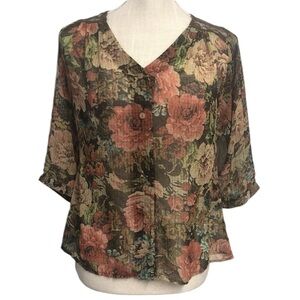 Fig and Flower Womens 3/4 Sleeve Sheer Top Size PS Floral w/Animal Print Back